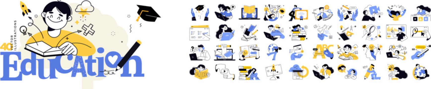 Education. People vector illustrations in various activities of education, learning, reading book, online course and training, back to school, distance education, e-learning, video tutorial, study.