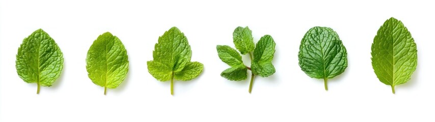 A Row of Fresh Green Mint Leaves Isolated on White