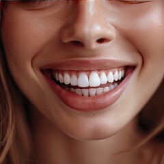 Fototapeta premium The face of a girl with a dazzling smile close-up. Illustration for advertising dental services, dentist. Printing on the packaging of oral care products.