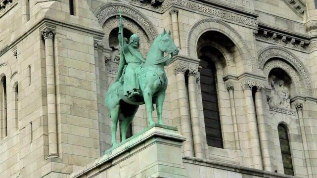 Bronze equestrian statue outside the Sacre Coeur Basilica.