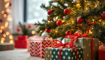merry christmas background with a close-up of beautifully wrapped gifts under a decorated tree, soft fairy lights in the background, ai