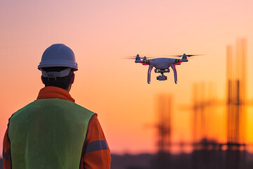 A drone above a construction site against a sunset sky, with a worker