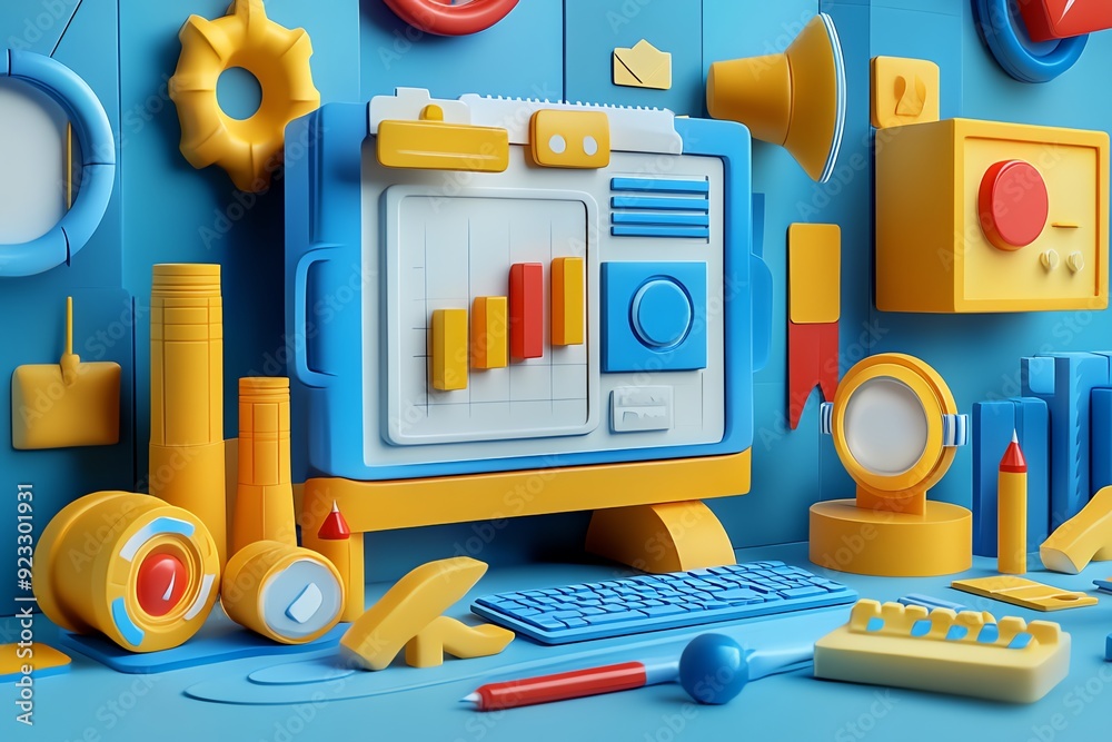 Aufkleber 3D Abstract Colorful Illustration of a Computer with a Bar Graph on the Screen.