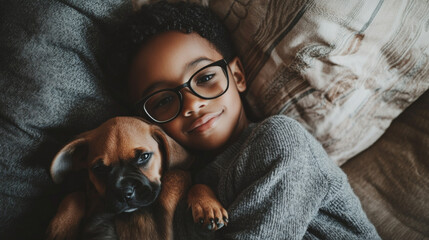 Obraz premium A young African American boy lying down on a bed with a small puppy, both looking at the camera with a calm, content expression. The boy is wearing glasses.