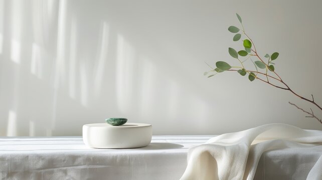 A minimalist white podium showcasing a perfectly cut emerald gemstone.
