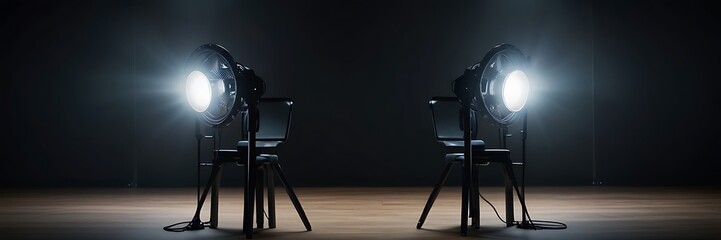 Two empty chairs positioned in front of microphones on a dark background.  podcast or interview settin