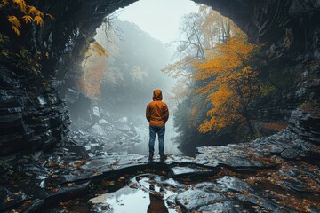 A person in an orange jacket stands under a canyon archway brimming with autumn foliage, observing the serene surroundings that evoke calmness and introspection.