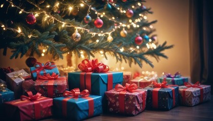 merry christmas background with a close-up of beautifully wrapped gifts under a decorated tree, soft fairy lights in the background, copy space above, high detail, ai