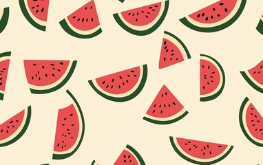 Vibrant Minimalist Watermelon Icon Pattern on Light Yellow Background | Semi-Circular Red and Green Stripes | Fresh Summer Fruit Design | Seamless Watermelon Texture | Perfect for Seasonal Projects