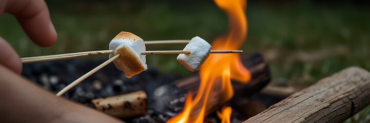 roasting marshmallows on skewers over campfire