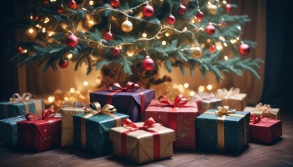 merry christmas background with a close-up of beautifully wrapped gifts under a decorated tree, soft fairy lights in the background, copy space above, high detail, vibrant color, ai
