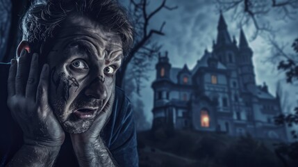 A man with a shocked expression stares at a dark and ominous house in the distance.