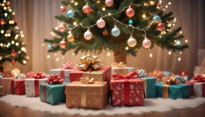 merry christmas background with a close-up of beautifully wrapped gifts under a decorated tree, soft fairy lights in the background, copy space above, high detail, vibrant color, ai