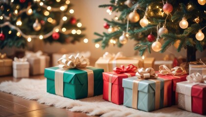 merry christmas background with a close-up of beautifully wrapped gifts under a decorated tree, soft fairy lights in the background, copy space above, high detail, vibrant color, ai