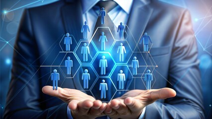 HR manage. Abstract 3d human hand hold leader icon in hexagon on top of people pyramid. Manage human resurse, team leader, recruitment process, change personnel, career growth, leadership concept