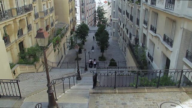 General view of Montmartre's emblematic staircase with its street lamps lined up.
