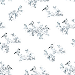 Pattern from birds siting on a branch. Watercolor composition with nightingales in monochrome siting on a graceful olive tree branch and singing . Isolate in black and blue colors on white background