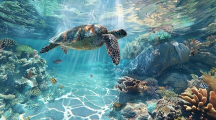 Obraz premium Sea Turtle Swimming Through Coral Reef