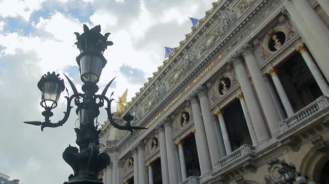 Partial view in low-angle shooting of the facade of the National Opera of Paris.