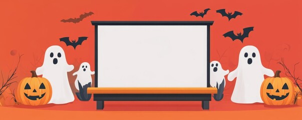 Naklejka premium Blank billboard, empty podium, ghostly Halloween, flat design illustration