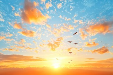 Obraz premium A stunning sunset with vibrant colors and birds flying across a clear blue sky, creating a peaceful and serene atmosphere.