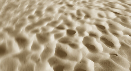 Sand, desert or texture for wallpaper with blur, nature or ripple from wind. Beach, background or grain on tropical island with ecosystem, environment care or clean for pollution awareness in mockup