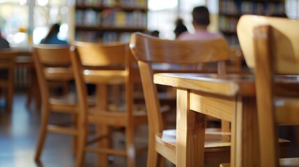A close-up of wooden chairs and tables in the school library, with students reading books blurred out in the background,. High quality photo