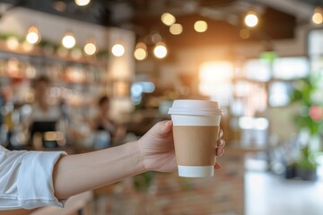 Hand holding a paper coffee cup in a bright, modern coffee shop. The blurred background features warm lighting and a welcoming atmosphere, ideal for a quick coffee break.