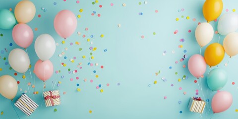 Colorful balloons and confetti on a light blue background, creating a playful and festive party atmosphere.