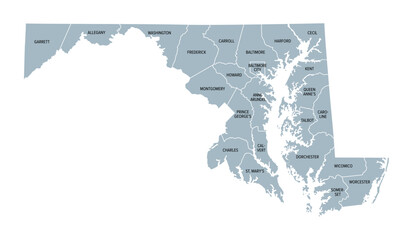 Maryland, U.S. state, gray political map with borders and county names. State in the Mid-Atlantic region of the USA, subdivided into 23 counties and the independent City of Baltimore. Old Line State