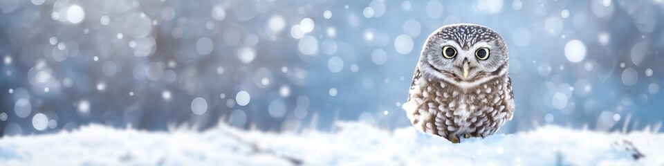 Fototapeta premium Cute owl is sitting in the snow. Wide panoramic banner with copy space.