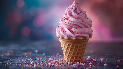 Delicious pink swirl ice cream in a waffle cone with colorful sprinkles, capturing the sweet delights of summer