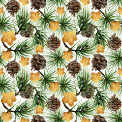 Fototapeta premium Pine, fir tree, spruce branches cones, gold star baubles. Watercolor hand drawn illustration, seamless pattern isolated on white. Xmas, happy new year festive, noel navidad holiday. Paper, textile