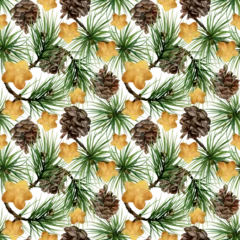 Fotobehang Pine, fir tree, spruce branches cones, gold star baubles. Watercolor hand drawn illustration, seamless pattern isolated on white. Xmas, happy new year festive, noel navidad holiday. Paper, textile © Elena