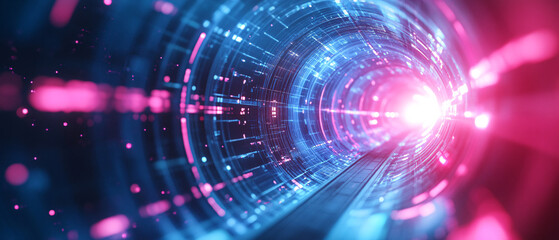 Obraz premium Abstract Digital Tunnel with Neon Lights and Glowing Particles