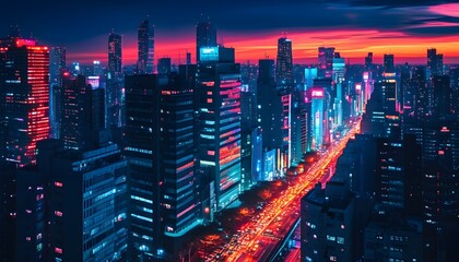 As night falls in the city, neon lights are flashing and traffic is busy, showing the bustling scene of a modern city.