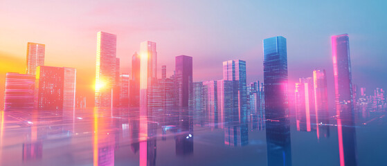 Neon City Skyline at Sunset with Reflections Futuristic Urban Landscape, Neon City Skyline at Sunset with Reflections Futuristic Urban L