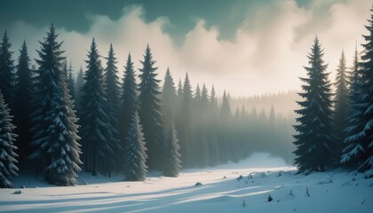 Fototapeta premium merry christmas background with a serene winter forest, tall pine trees covered in snow, and a soft golden glow from the setting sun, copy space in the foreground, high detail, ai