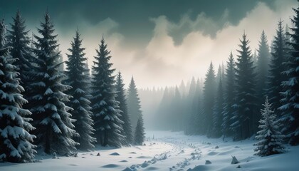 Naklejka premium merry christmas background with a serene winter forest, tall pine trees covered in snow, and a soft golden glow from the setting sun, copy space in the foreground, high detail, ai