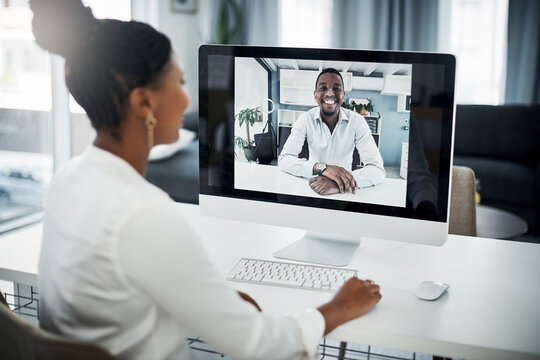Businesswoman, computer screen and virtual meeting with worker in home for video call, remote work or online job interview. HR, businessman and technology for webinar, digital training and discussion
