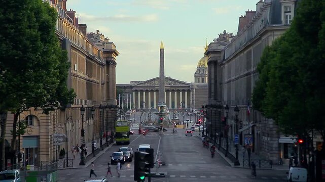 Closed view of Rue Royale and Place de la Concorde from the Madeleine Church. Paris, France, August 2015.