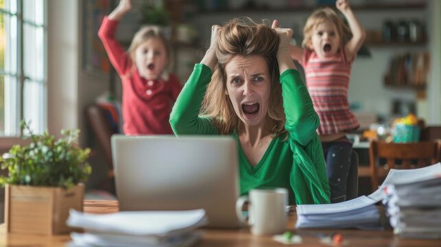 The stressed mother working from home