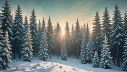 Fototapeta premium merry christmas background with a serene winter forest, tall pine trees covered in snow, and a soft golden glow from the setting sun, copy space in the foreground, high detail, ai