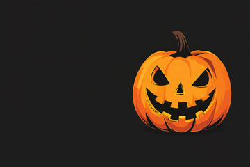 Halloween pumpkin isolated on black background, copy space, modern simple flat design illustration