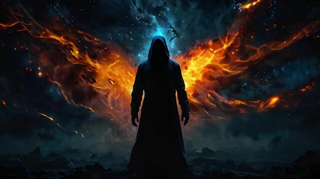 A super villain in space in hoodie standing while fire burning like wings behind him Generative AI