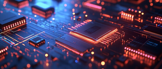 Closeup of a Glowing Red Circuit Board with a CPU Chip in the Center, Closeup of a Glowing Red Circuit Board with a CPU Chip in the Ce