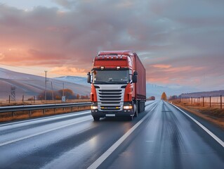 Red truck driving on an empty highway during sunset with mountains in the background