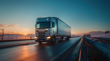 Truck driving on a highway at sunset with mountains in the background