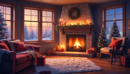 Obraz premium festive Christmas background with cozy living room view, burning fireplace, stockings hanging on the mantle, and large window showing falling snowflakes, ai