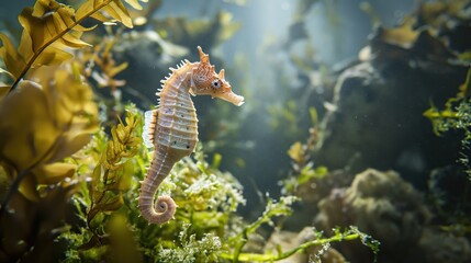 Beautiful seahorse in the ocean, underwater plants, marine wild nature underwater scene.